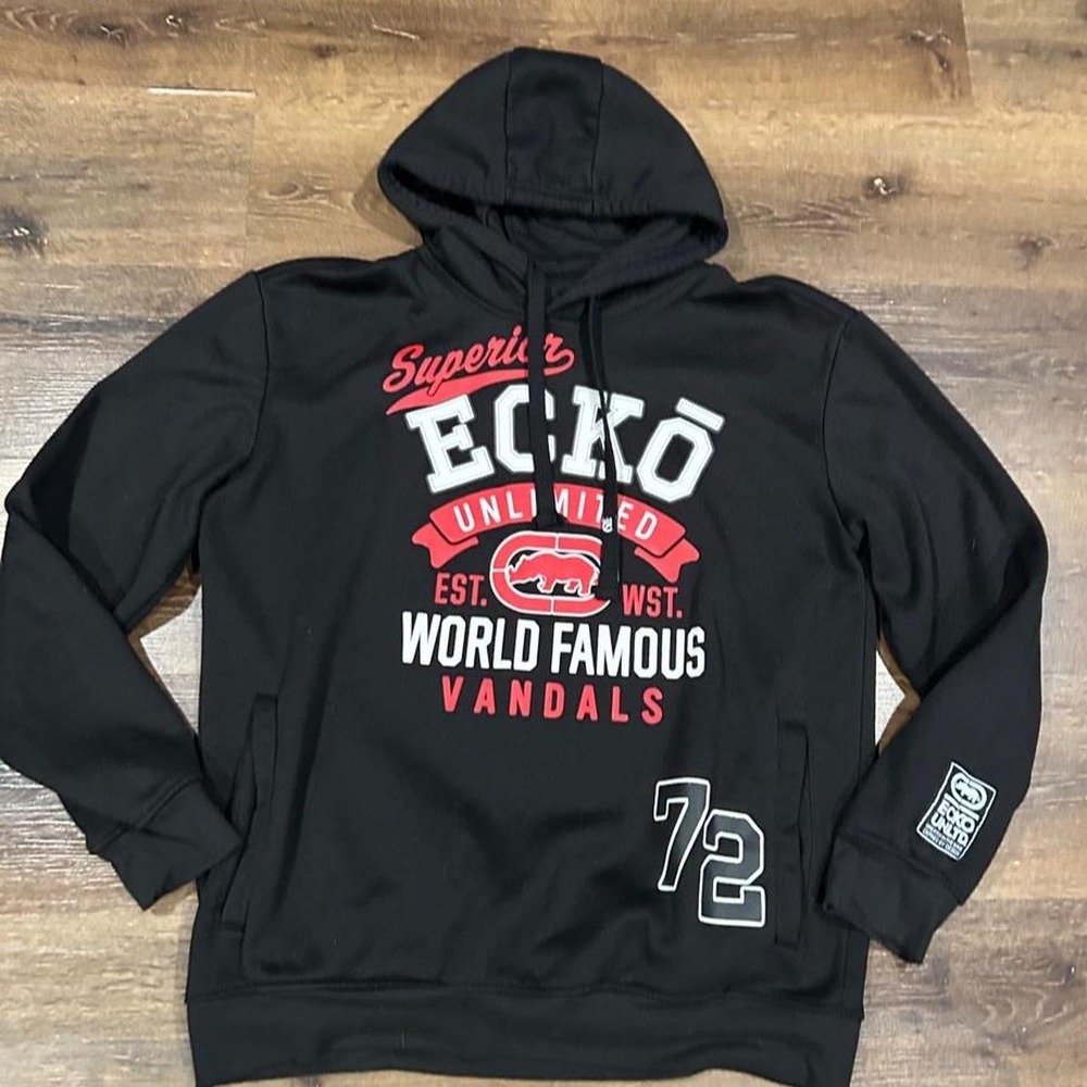 Ecko Unltd Mens Black World Famous Vandals Graphic Hoodie Sweatshirt Large